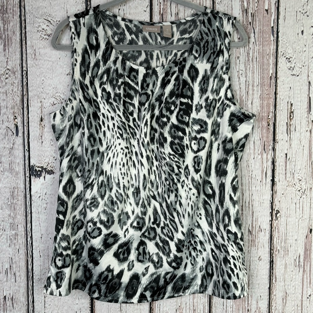 Chico’s 2 | Large Black Gray White Animal Print Tank Sleeveless Top Silky Satin